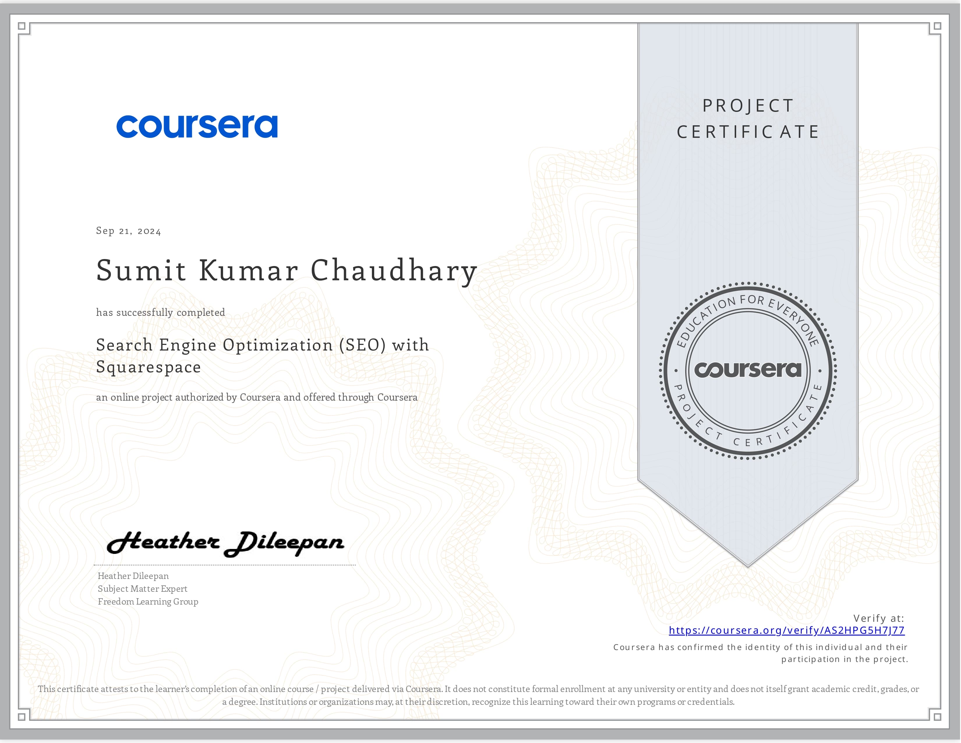 Search Engine Optimization (SEO) with Squarespace certificate awarded to Sumit Kumar Chaudhary by Coursera