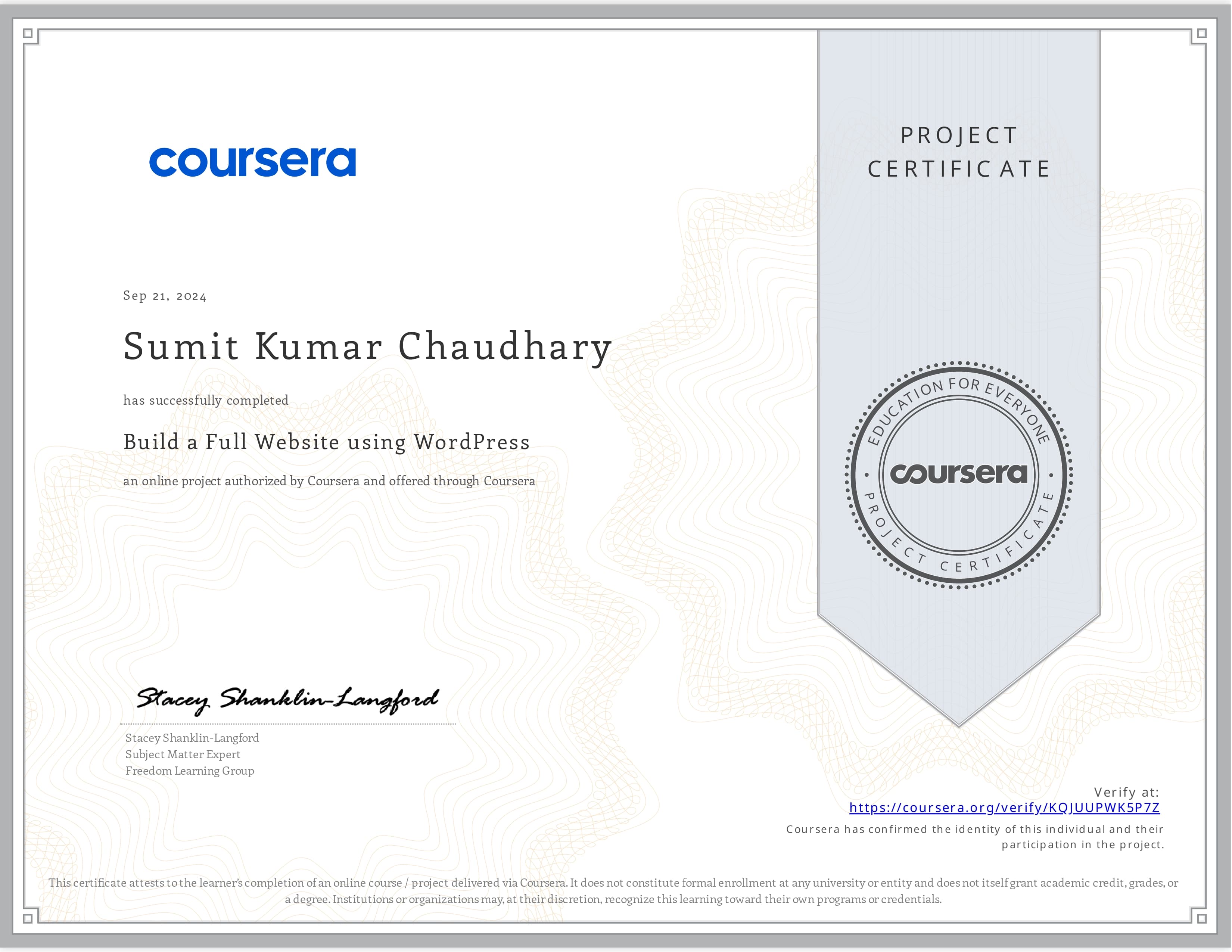 Build a Full Website using WordPress certificate awarded to Sumit Kumar Chaudhary by Coursera