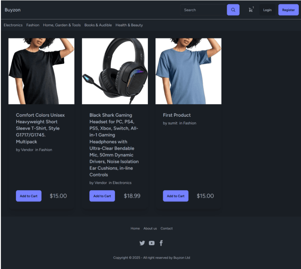 Multi-vendor e-commerce platform with vendor dashboard, product management, and order processing