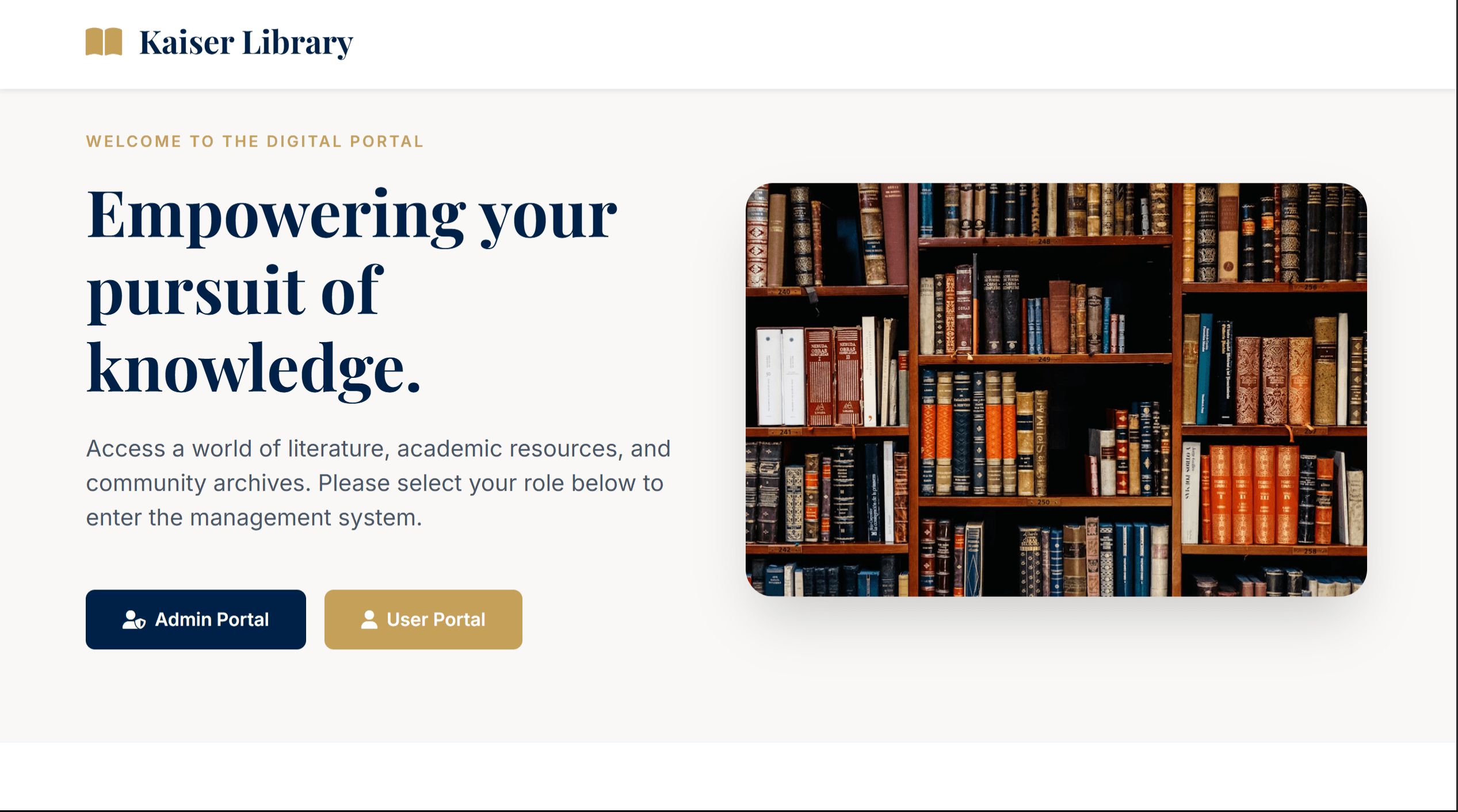 Kaiser Library Management System admin dashboard for managing books, authors, and genres